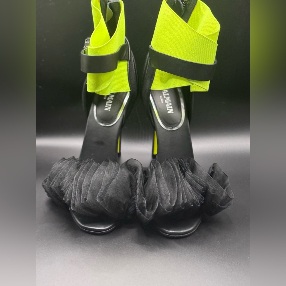 Balmain 
Runway Heels Size 38 Neon Strap Black Tulle Ruffle Sandals